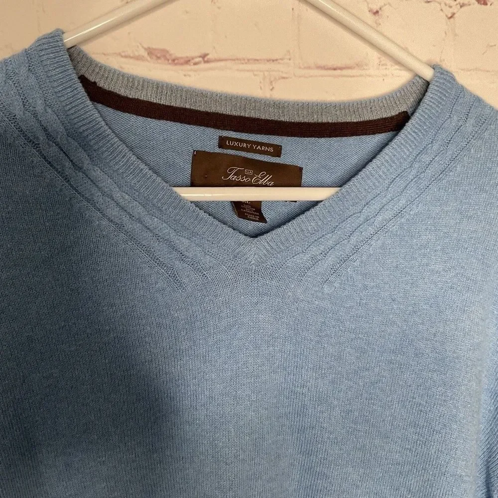 Tasso Elba Men's Size XL Blue Cashmere/Cotton Blend Knit V-Neck Sweater‎
